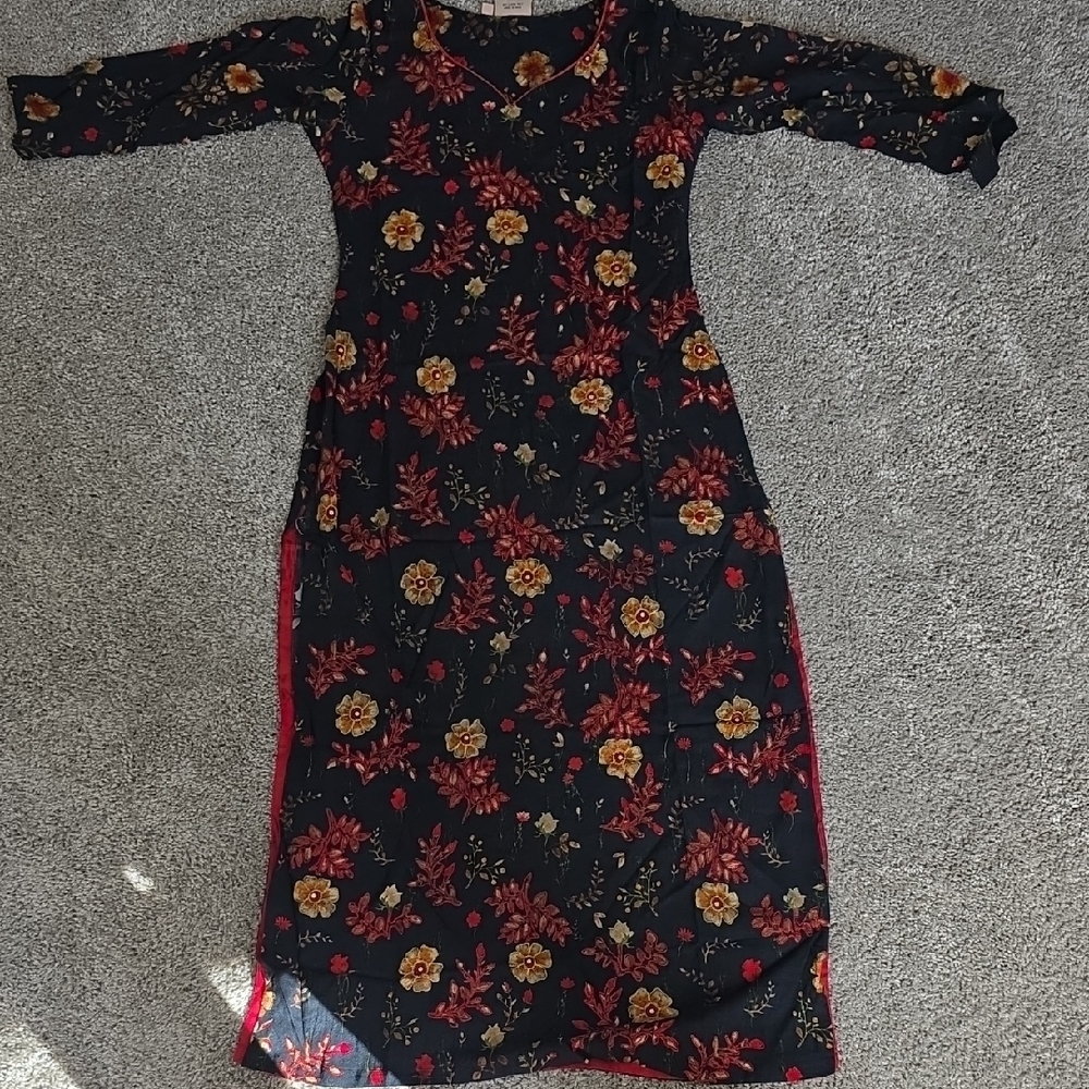 Floral Black and Red Kurta